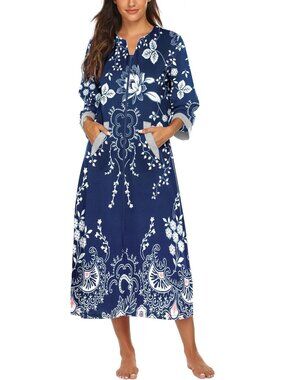 〽️Women's Bathrobe Blue Floral 3/4 Sleeves Zipper Loungewear Long Nightgown